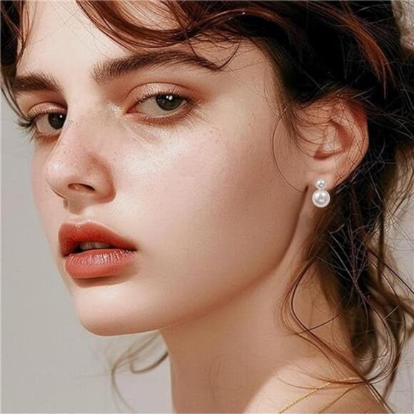 Gold-Plated Double Pearl Drop Earrings โ Timeless White Pearls, Lightweight - Picture 2 of 7